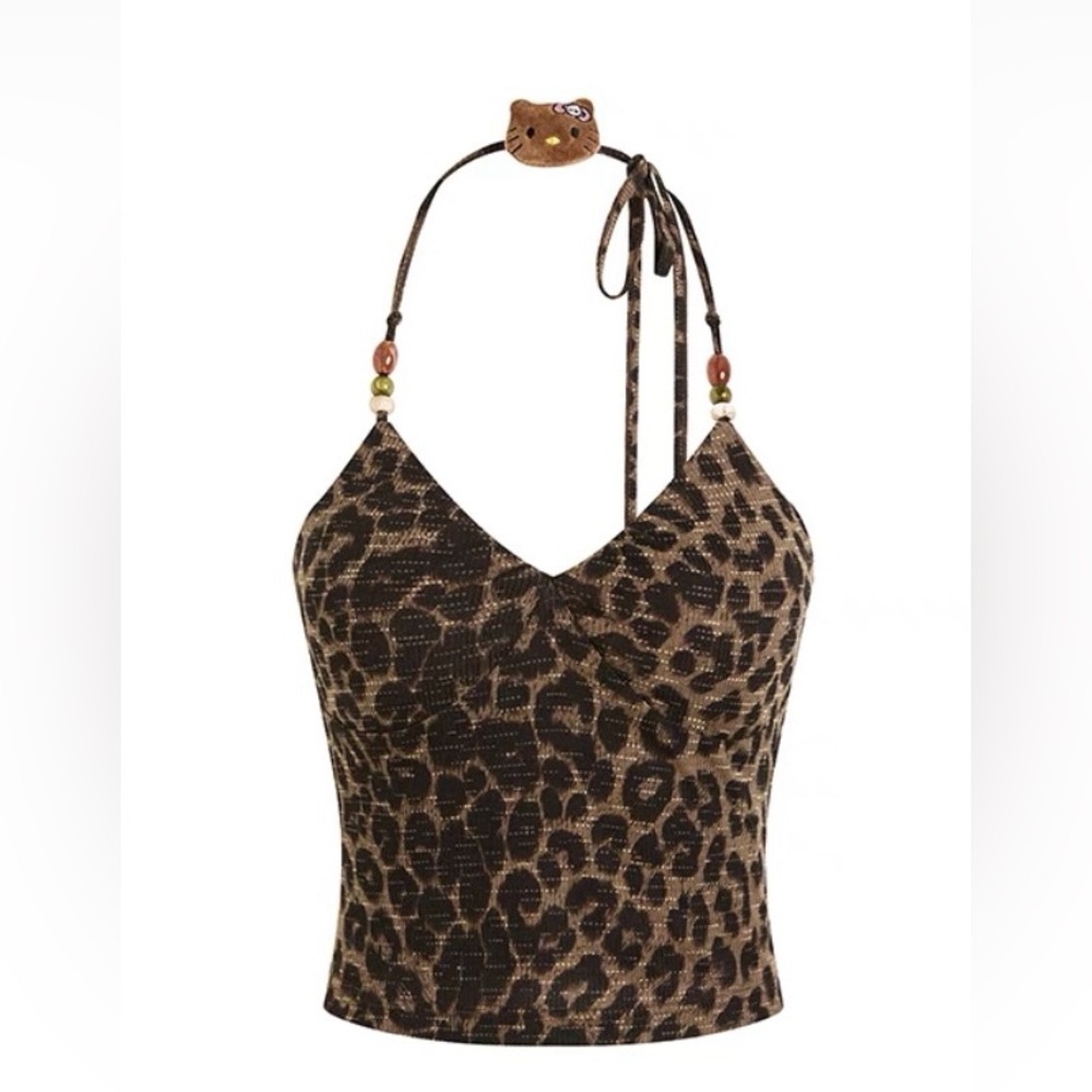 NTW Detachable Hello kitty Brooch Leopard Print Halter Neck Strapless Top